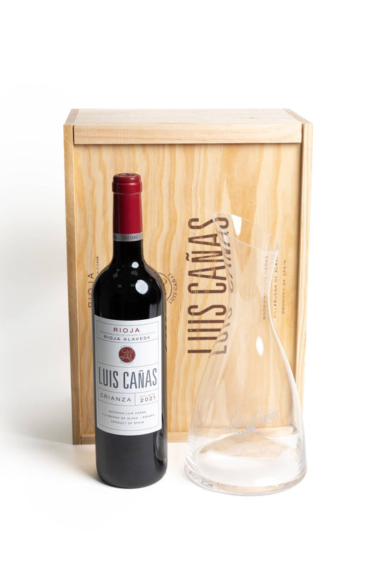 Estuche de Madera 1 Botella Vino Luis Cañas Crianza 75cl + Decantador